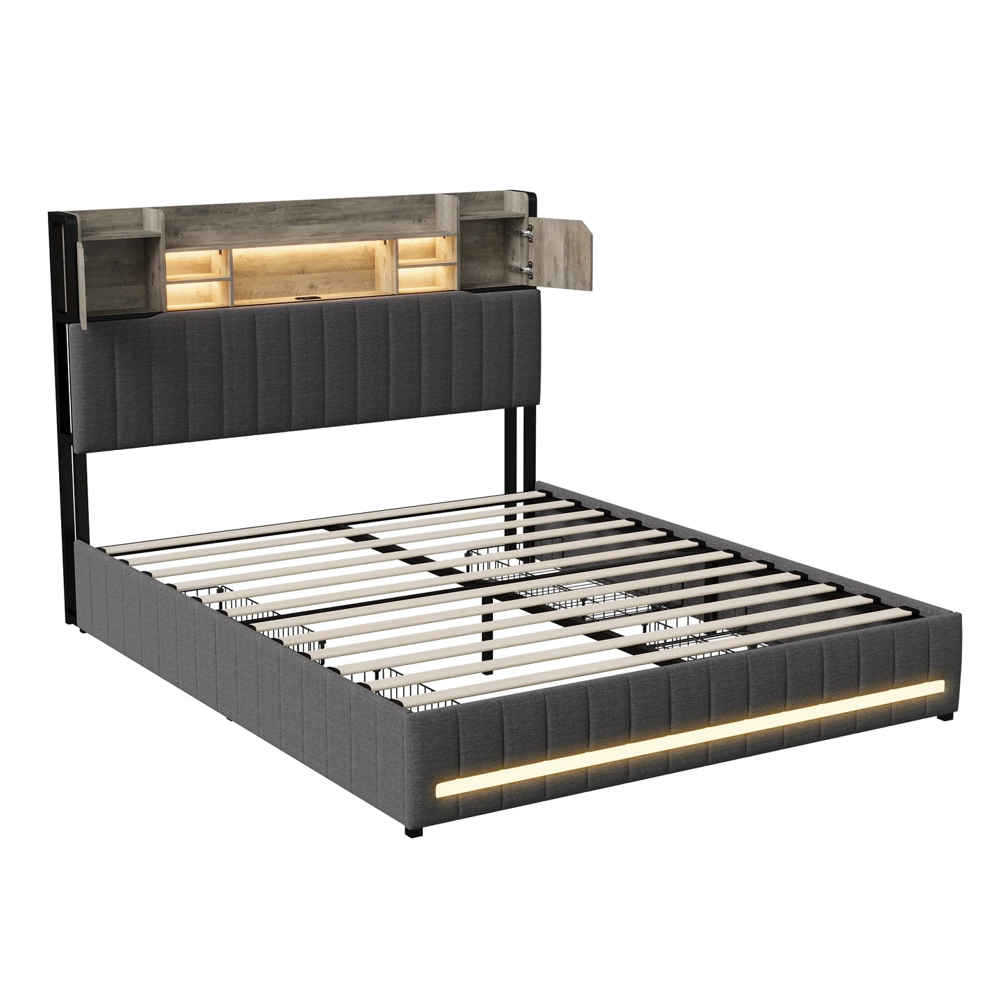 Rosahqnda gepolstertes Doppelbett mit LED-Kopfteil und USB-Anschluss, Stauraumbett mit 4 Schubladen, Leinen, ohne Matratze