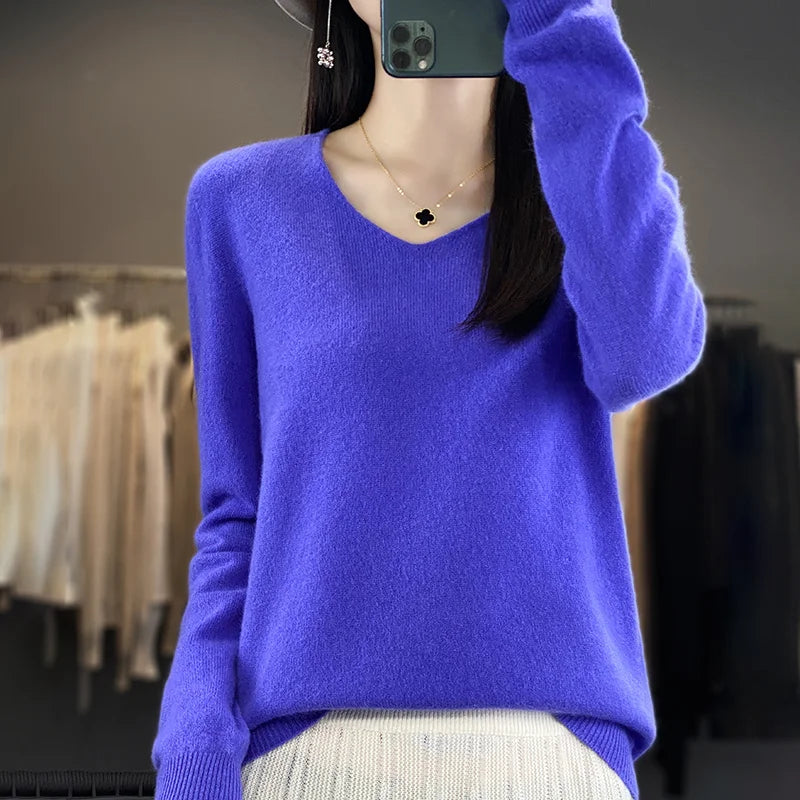 Women 100% Merino Wool Sweater V-Neck Basic Pullover Autumn Winter Cashmere Clothing Long Sleeve Soft Knitwear Tops Solid Color