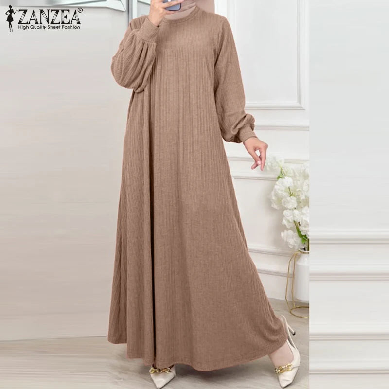 ZANZEA Fashion Muslim Abaya Women Autumn Maxi Sundress Casual Long Sleeve Kaftan Hijab Vestido Solid Loose Islamic Clothing 2024.