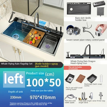 Wasserfall-Edelstahl-Küchenspüle, multifunktionale Digitalanzeige, Wasserhahn, Waschbecken und Gemüsebecken, großer Einzelschlitz