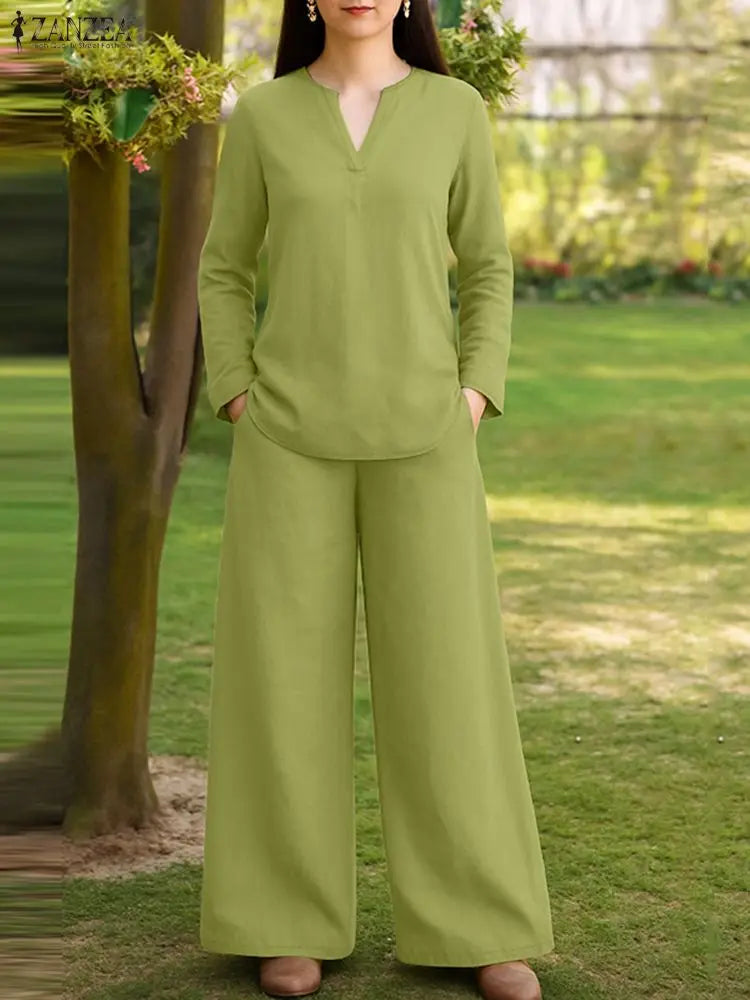 2025 ZANZEA Stylish Autumn 2 Piece Sets Women Outfit Casual V Neck Long Sleeve Tops Pant Set Solid Loose Work Tracksuit Oversize.