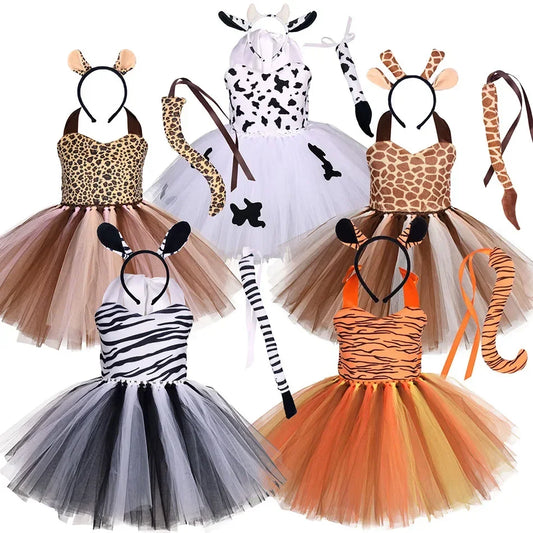 Halloween Tier Cosplay Kostüm für Kinder Wald Thema Kühe Tiger Giraffe Leopard Zebra Tutu Kleider Performance Tanz Sets