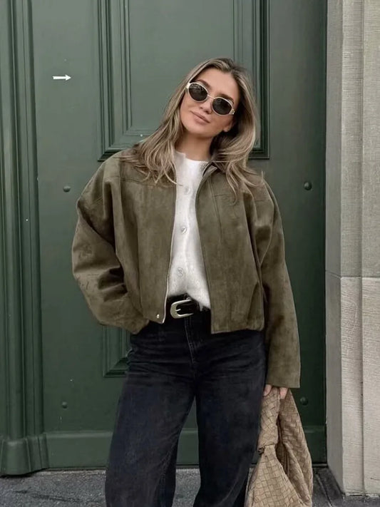 TRAFZA Damen-Jacke mit Wildleder-Textur, High Street, lange Ärmel, Umlegekragen, elastischer Reißverschluss, Knopfleiste, solider, trendiger Frühlingsmantel