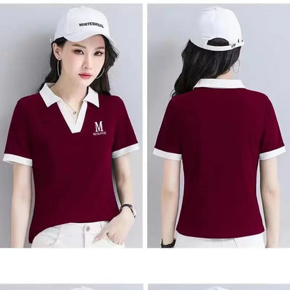 Loose Fit Women's Short Sleeve Polo Neck T-Shirt Summer Slimming Fashionable Top Quality Pure Color Cross-Border Independent.