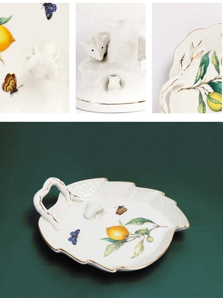 Europeanc Style Ceramic Dining Plate Elegant Lemon Pattern Dinner Steak Plate Coffee Cup Set Western Cuisine Dessert Plate.