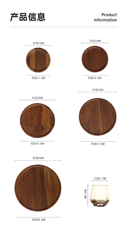 Solid Wood Circular Tray Japanese Style Western Household Tea Dessert Coffee Plate Cross-Border Design.