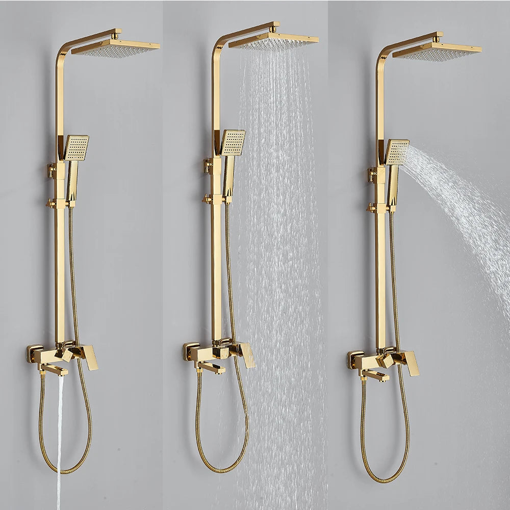 Golden Bathroom Shower Faucet Wall Mounted Rainfall Shower System Bathroom Rotate Bathtub Spout with Hand Shower