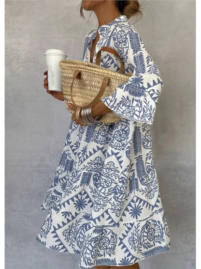 Neue Stil Casual Print Drei-viertel Hülse Hemd Kleid Für Frauen Sommer Mode V-ausschnitt Lose Urlaub Casual Kleider robe Femme.