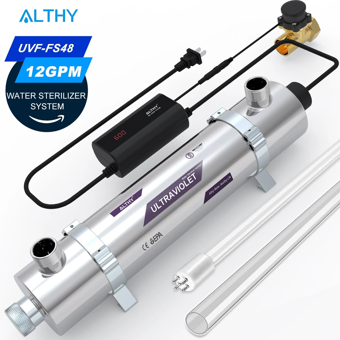 ALTHY Whole House UV Ultraviolet Water Sterilizer System Filter Purifier + Smart Flow Control Switch Stainless Steel 12GPM.