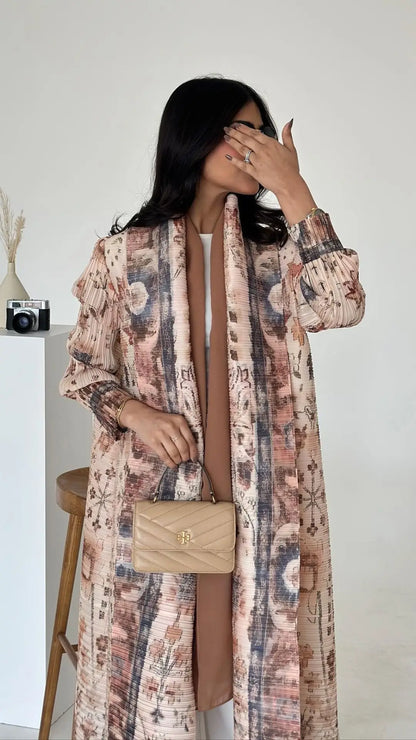 Abaya Miyake Pleated Printed Robe Jacket Arabian Dubai Style Women's Long Sleeve Conservative Demure Muslim Trench Coat 55inches.