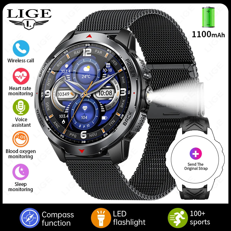 LIGE New For HUAWEI XIAOMI 1100mah Smart Watch Men Compass Flashlight 3ATM Waterproof Sports Fitness Bluetooth Call Smartwatch