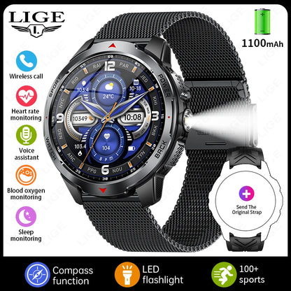 LIGE New For HUAWEI XIAOMI 1100mah Smart Watch Men Compass Flashlight 3ATM Waterproof Sports Fitness Bluetooth Call Smartwatch