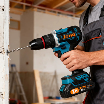 Jemi Tool Akku-Schlagbohrmaschine, mit zwei Geschwindigkeitseinstellungen, ausgestattet mit verschiedenen Größen von Bohrern und Zubehör