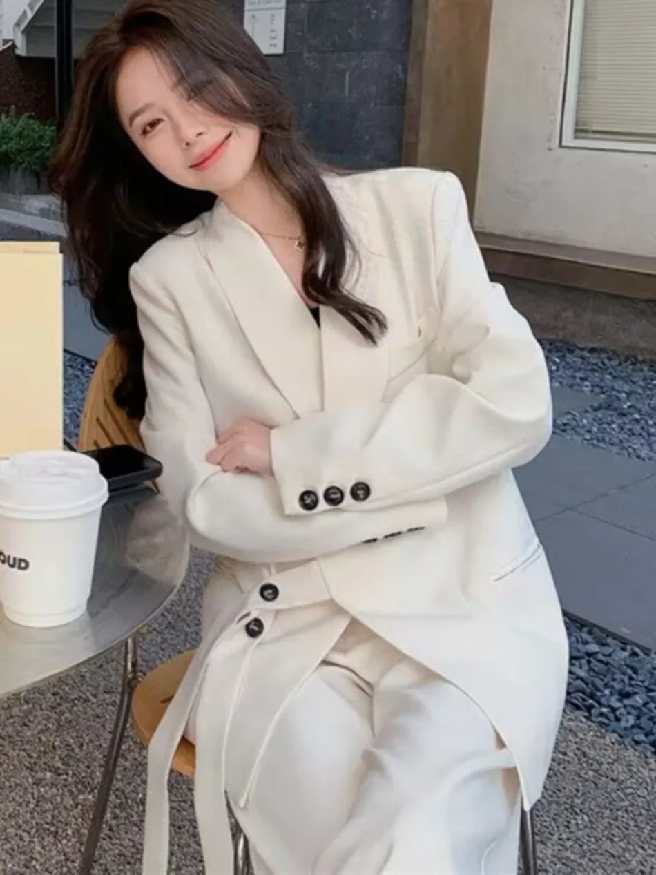 Women's Fashion Office Suit Set Casual Oversized Blazer And Wide Leg Pants Two-Piece Long Sleeve Top Bottoms Combo.