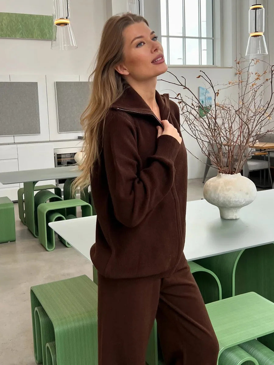 Tornova Zipper Strickjacke Pullover Anzug Weibliche Gestrickte Langarm Casual Mantel Breitbeinig Hosen Pullover frauen Zwei Stück Set