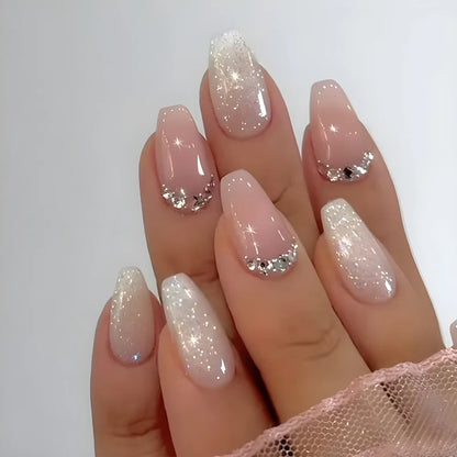 24Pcs Short False Nails with Shimmery Powder Ballet Nail Art Full Cover French Sheer Wearable Nail Manicure Tips for Girls Daily.