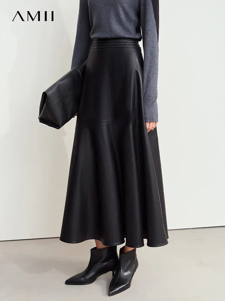 AMII Minimalist Elegant Commuter Environmentally Friendly PU Leather Skirt 2024 Winter New Women's Loose A-shaped Skirt 12444181.