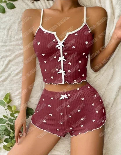 Frauen Sexy Nachtwäsche Pyjamas Set Herz Druck Seide Fleck V-ausschnitt Ärmellose Sexy Dessous Casual Cami und Shorts Sets Loungewear