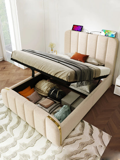 90*200 cm Flachbett, Rahmenbett, Polsterbett Einzelbett, mit gepolstertem Kopfteil, hydraulisches Stauraumbett (mit Matratze)