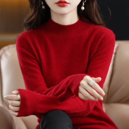 Herbst Winter Frauen Pullover Koreanische Mode Warme Bodenbildung Shirts Halb Hohe Kragen Grundlegende Strickwaren Solide Langarm Pullover