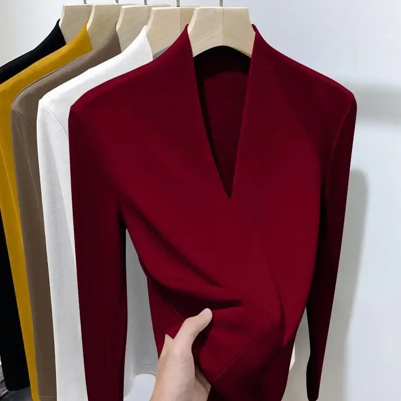 Herbst Winter Neue T-Shirts Frauen Solide V-ausschnitt Plus Samt Verdicken Warme Mode Langarm Schlank Pullover Bodenbildung Shirt Tops