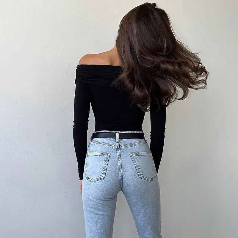 New Solid Sexy Off Shoulder Bodysuits Women Fashion Crossed Folds Skinny Rompers Long Sleeve Fashion Streetwear Autumn Bodysuits.