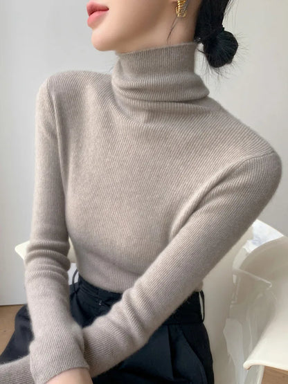 2025 herbst Winter Rollkragen Warme Jumper Lässig Feste Dünne Strickjacke Frauen Langarm Gestrickte Pullover Einfache Basis Schicht Top