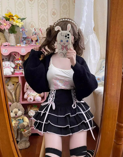 Japanese Kawaii Lolita Style Pleated Skirts Women High Waist Pink Bandage Fairy Y2k Aesthetic Skirt Cute Faldas Mujer Moda 2024.