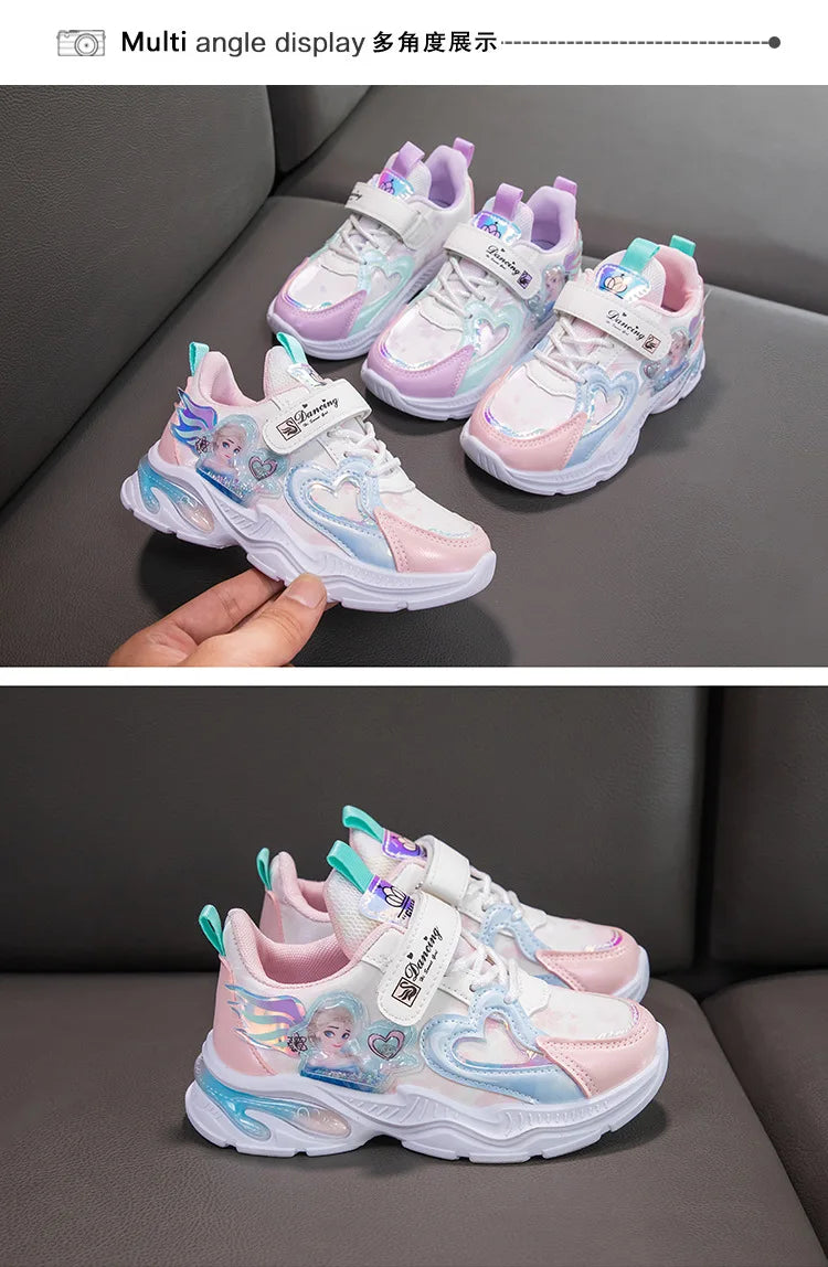 Disney Girls' Casual Shoes Frozen Priness Elsa Sneakers Mesh Leather White Breathable Sole Children's Sport Shoes Size 26-37