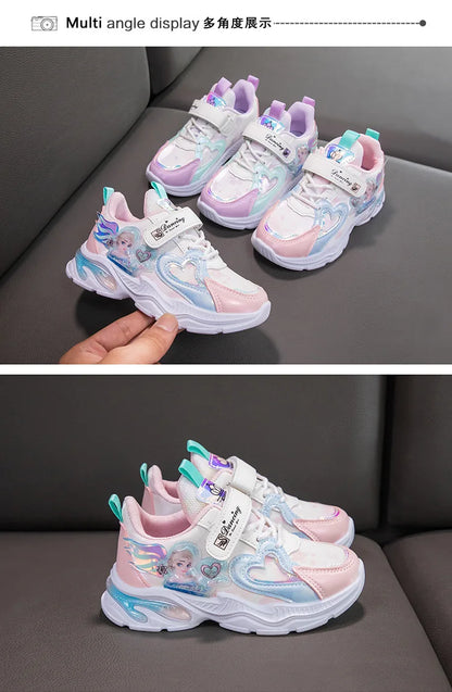 Disney Girls' Casual Shoes Frozen Priness Elsa Sneakers Mesh Leather White Breathable Sole Children's Sport Shoes Size 26-37