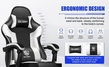 Daccormax Ergonomischer Gaming-Stuhl mit verstellbarer Lordosenstütze und Kopfstütze, Design mit hoher Rückenlehne + faltbarer Fußstütze für PC-Gamer