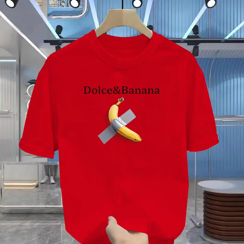 100% pure cotton banana print slimming for men in summer, suitable for casual round-neck short-sleeved T-shirt tops.