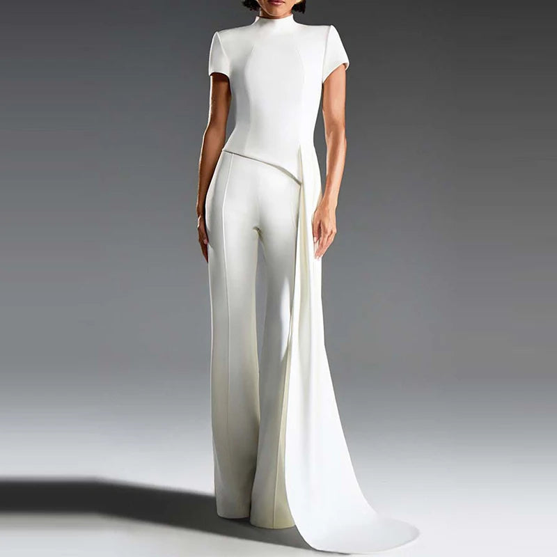 Women Elegant Commuting 2Pc Suit Fashion Stand Collar Solid Color Irregular Set Casual Short Sleeve Pullover & Long Pant Outfits.