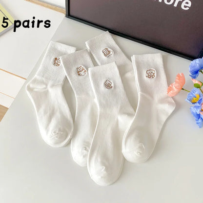 5 Pairs of White Women's Embroidered Socks for All Seasons Cotton Socks Mid-high Tube Student Cartoon Sports Socks.