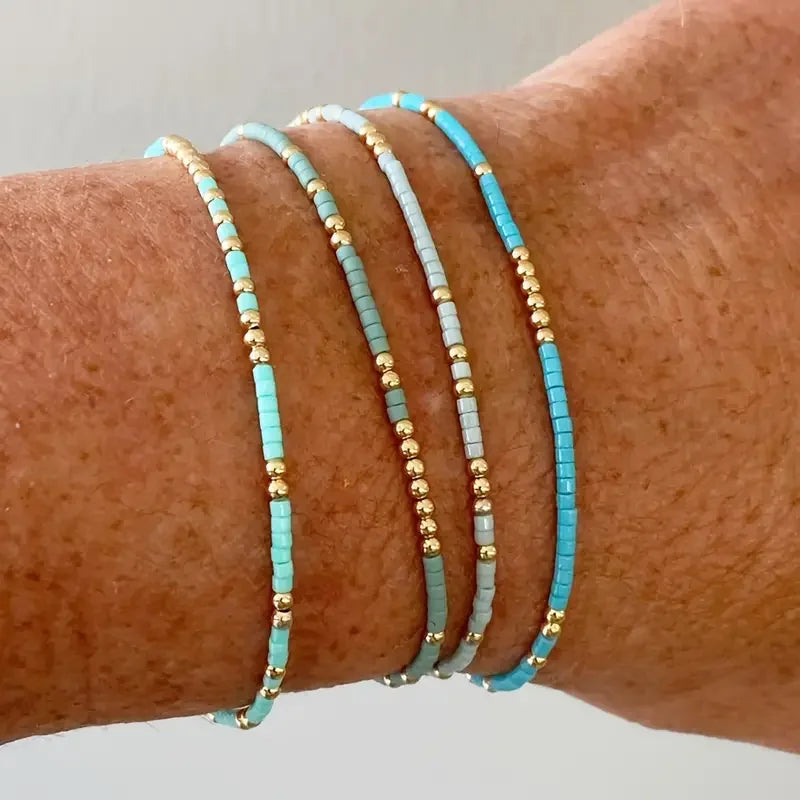 4 PCS Turquoise Color Seedbeads Stretch Bracelet Set Bohemia Gold Color Glassbeads Elastic Handmade Girls Vacation Jewelry.