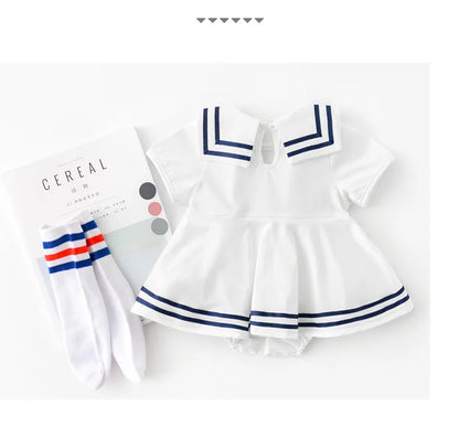 Sommer Baby Mädchen Strampler Kleid Sailor Navy Kragen Infant Mädchen Bögen Einteilige Kleidung Kleinkind Kurzarm Body.