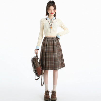 Preppy Style Woolen Pleated Plaid Skirt Women Fall Winter Retro Elastic High Waist Skirts Female Japanese A Line Faldas 2025 New.