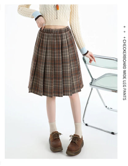 Preppy Style Woolen Pleated Plaid Skirt Women Fall Winter Retro Elastic High Waist Skirts Female Japanese A Line Faldas 2025 New.