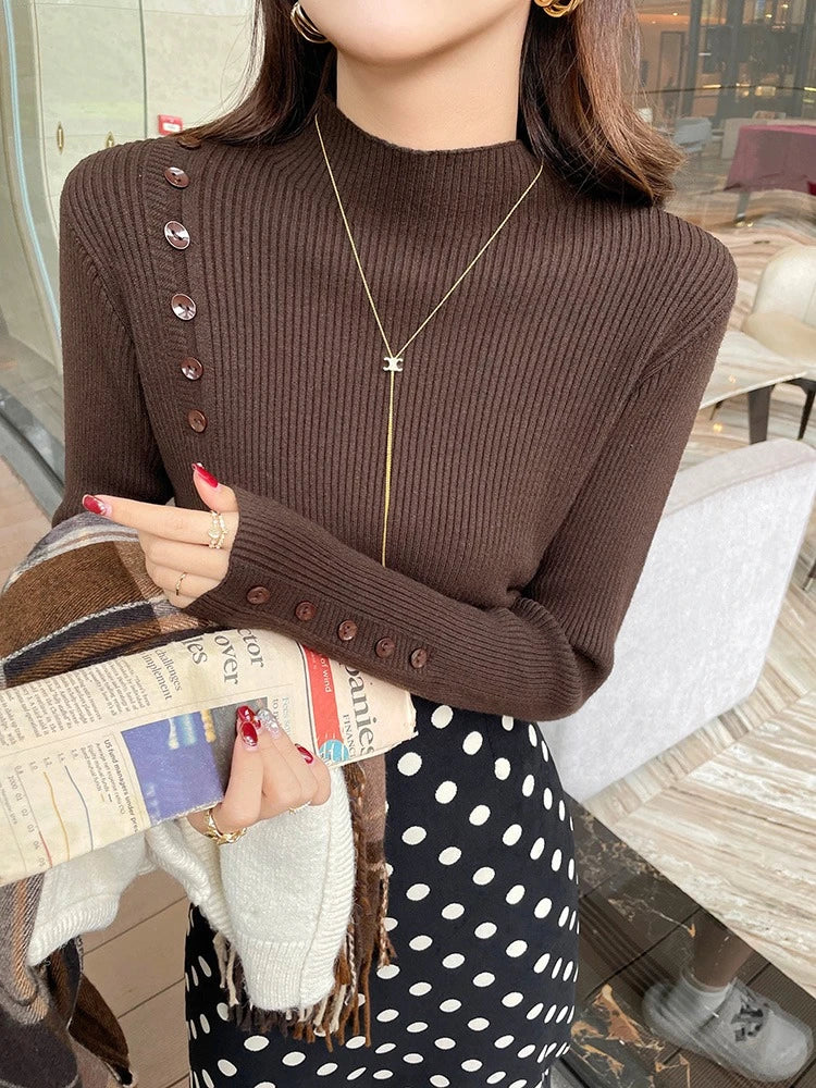 Langarm Beiläufige Dünne Pullover Mode Taste Grundlegende Gestrickte Tops Frauen Rollkragenpullover Koreanische Mode Einfache Chic Kleidung