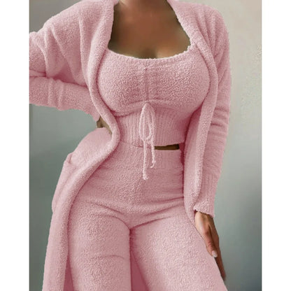 Pajama Woman Winter  Fluffy Pajamas Set for Women Casual Solid Sleepwear 3 Pieces Suit Long Pants Homewear Pijama.
