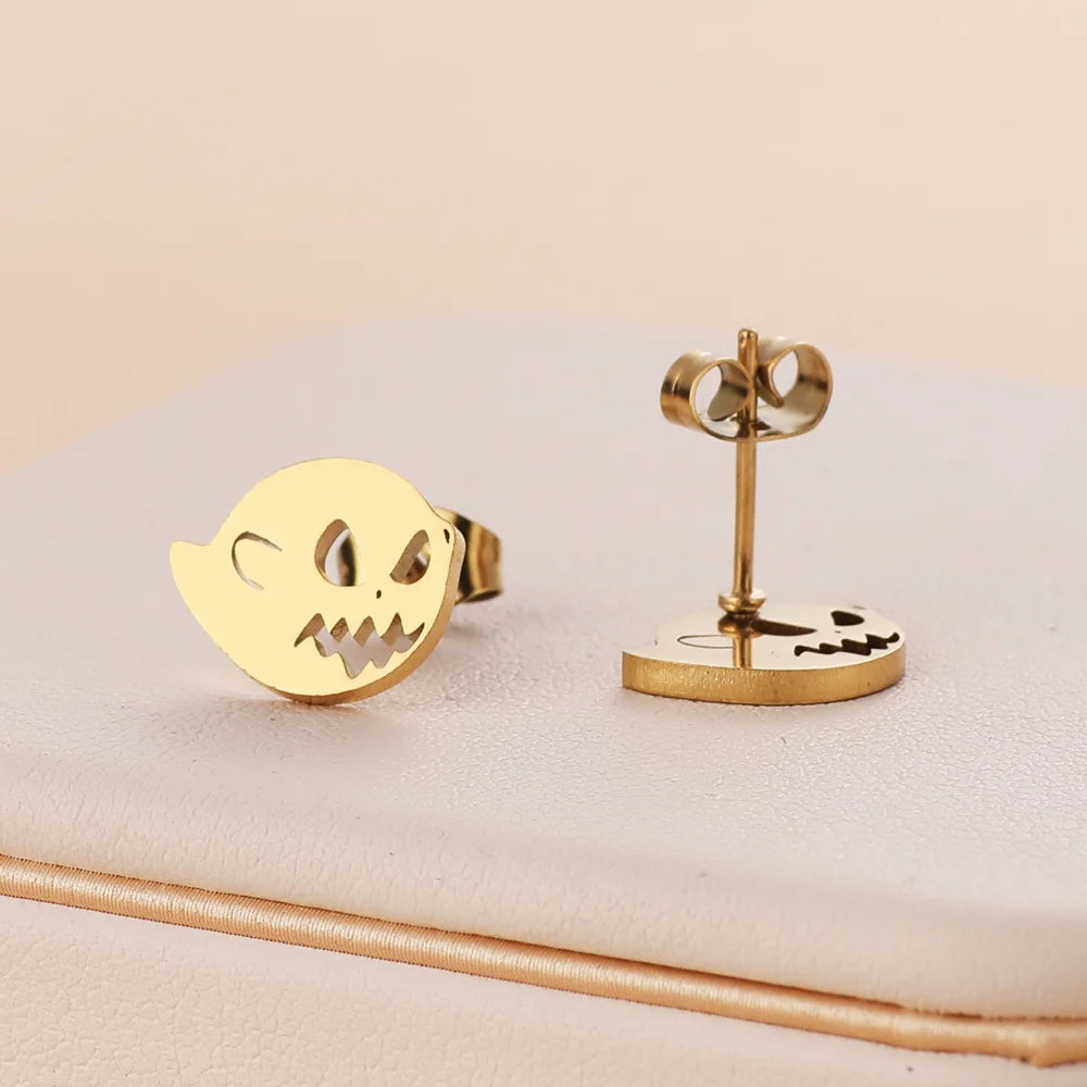 Stainless Steel Halloween Ghost Cat Stud Earrings For Women Girls Gold Color Waterproof Fashion Ear Party Jewelry Gift Wholesale.