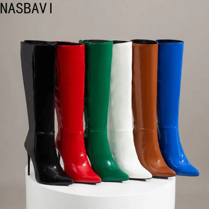 NASBAVI Women's Knee High Boots Sexy Red Blue Black Heeled Long Boot Female Large Size 48 Autumn Winter Party Shoes Ladies.