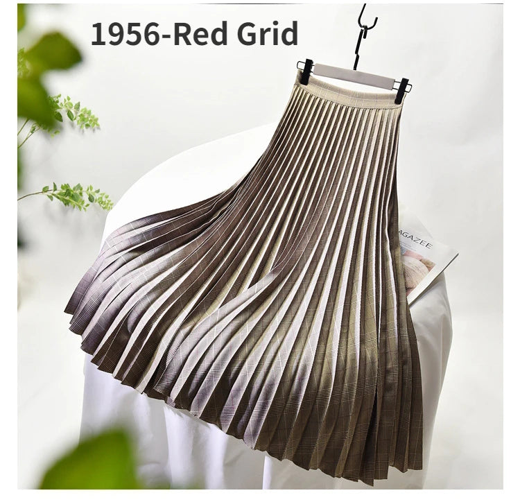 Looks Thin Pleated Skirt 2025 New High Waist A-line Skirt Mid-length Big Size Plaid Skirt Long Pleated Skirt Length 75-90cm