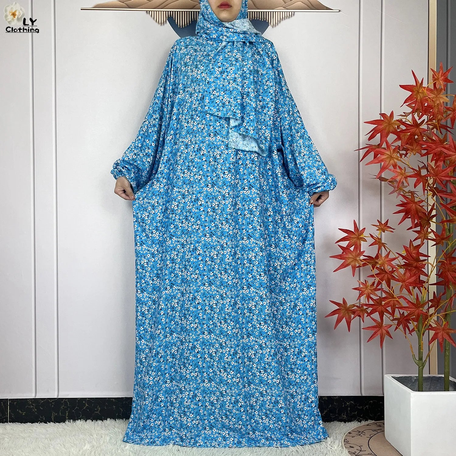 New Muslim Long Sleeved Cotton For Women Ramadan Prayer Turkey Middle East Femme Robe Floral Loose African Abaya Dress Scarfs.