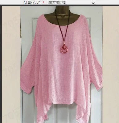 2024 Women t-shirts Plus Size 5XL T-Shirt Linen O Neck Casual Loose Shirt Summer Autumn New Solid Batwing Long Sleeve.
