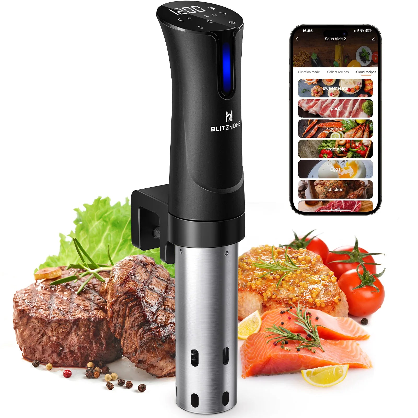 BlitzHome SV2209 1100W Sous Vide Cooker WIFI APP Control Thermal Immersion Circulator Machine with Digital LCD Display Time EU.