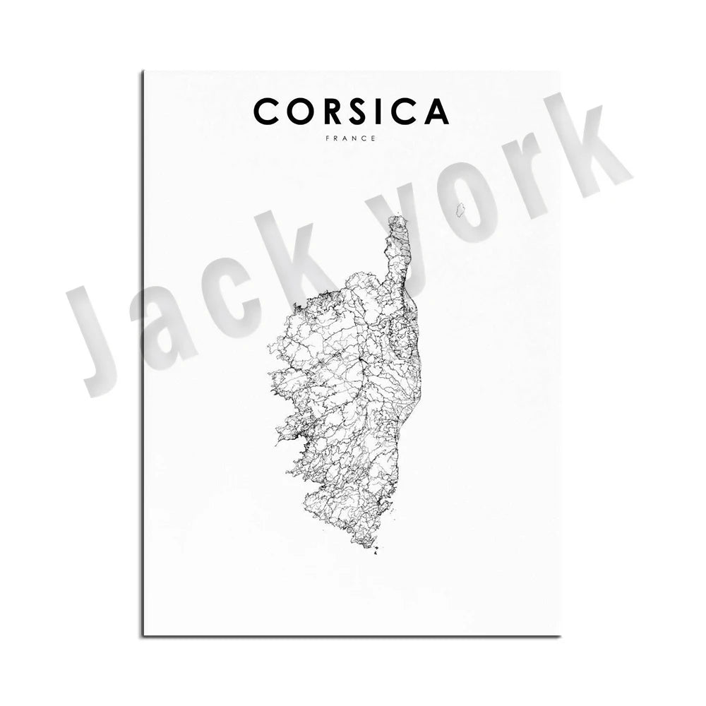 Corsica topographic map print, Corsica cities, France Corsica map print, road map art poster modern wall art decor