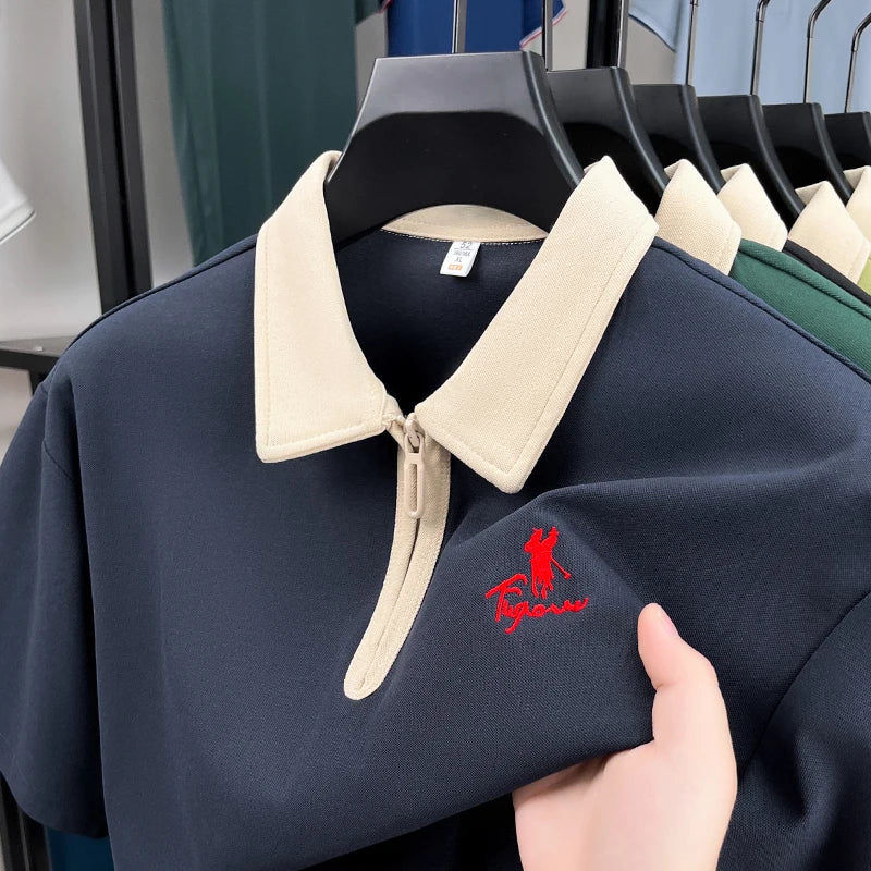 Luxury brand short sleeve polo shirt men's fashion Pony embroidered summer trendy breathable casual color blocked lapel T-shirt