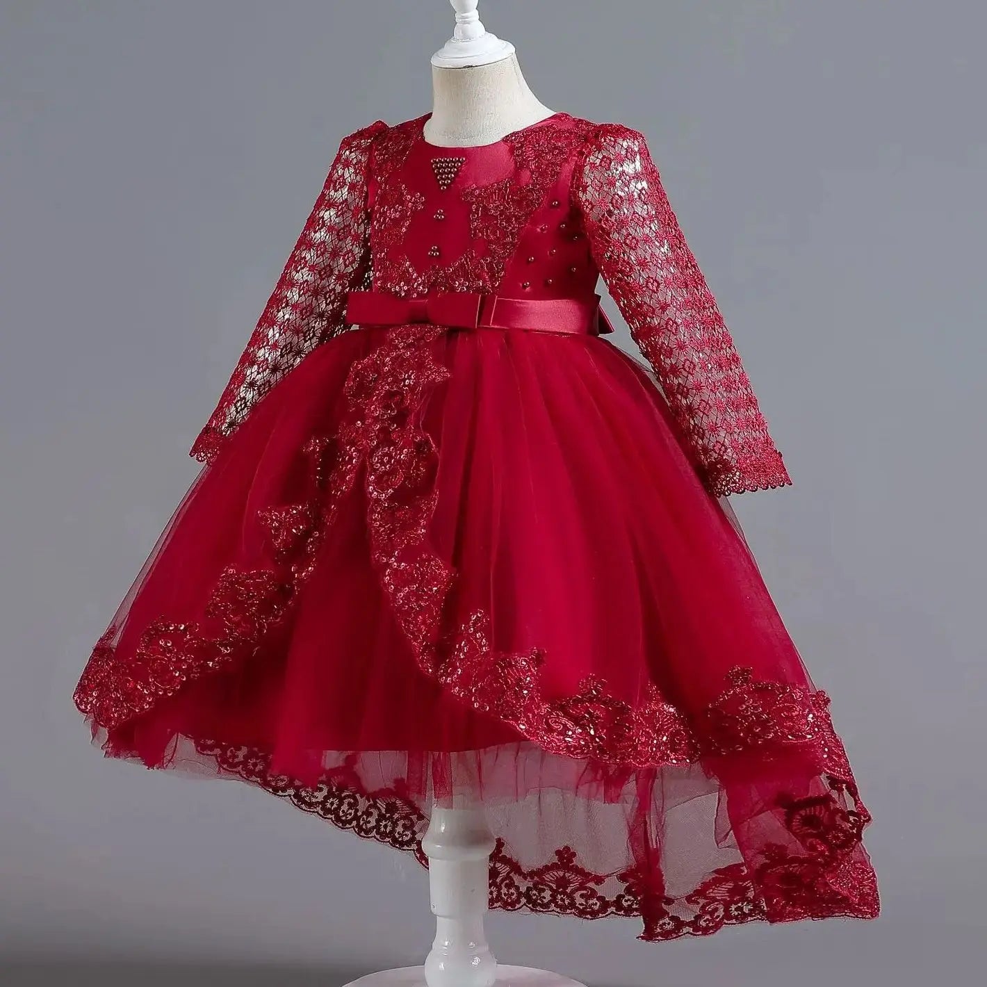 Party-Tüll-Kleider für Mädchen, langärmelig, Spitze, Perlen, nachgestelltes Prinzessinnenkleid für Kinder, Hochzeit, Geburtstag, Performance, Abendkleid
