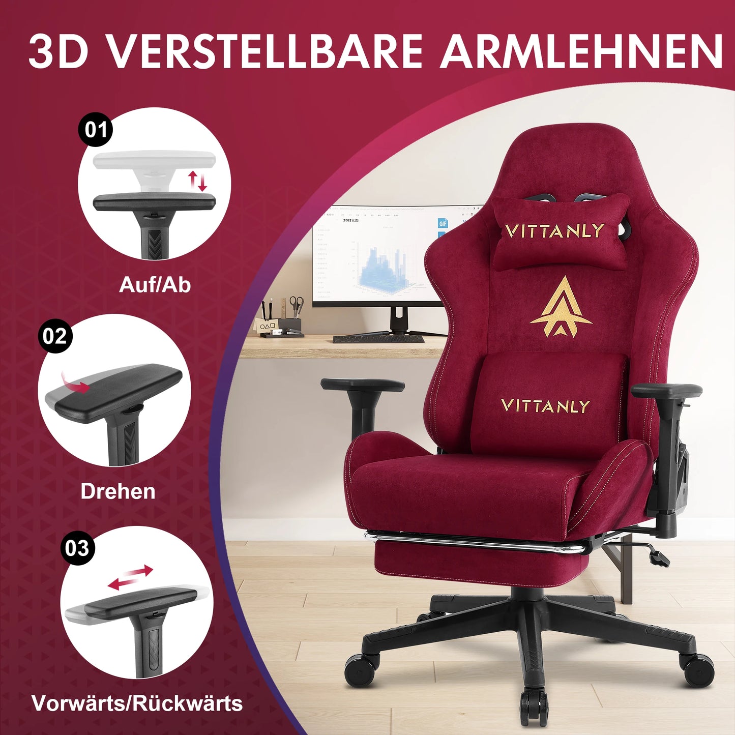 HAPIHAPPY Modischer Gaming-Stuhl, echter Computer-Bürostuhl mit Taschenfederkissen, Armlehnen und Fußstütze, Spielstuhl